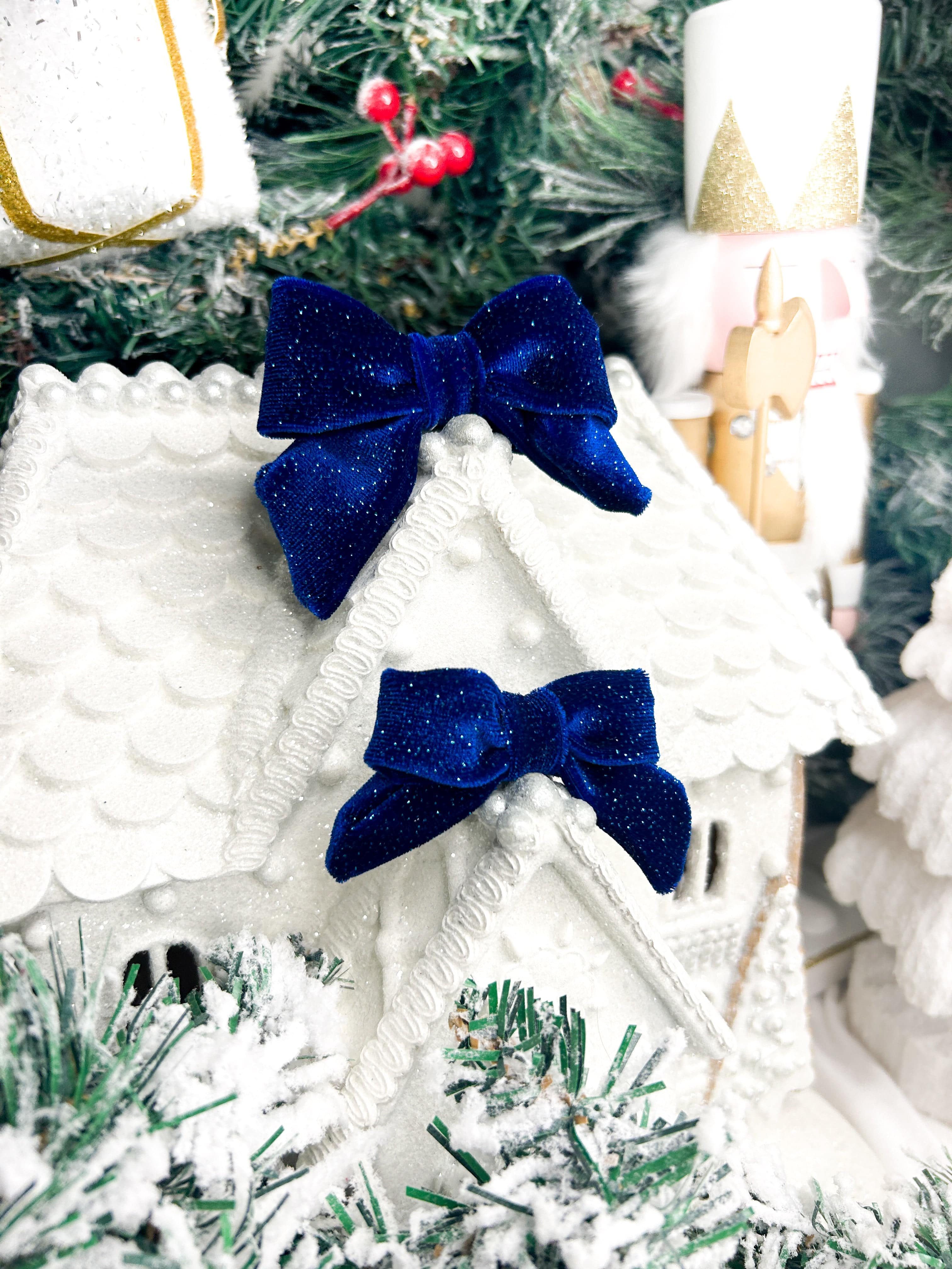 Blue Christmas Velvet Hair Bow - Woofiao